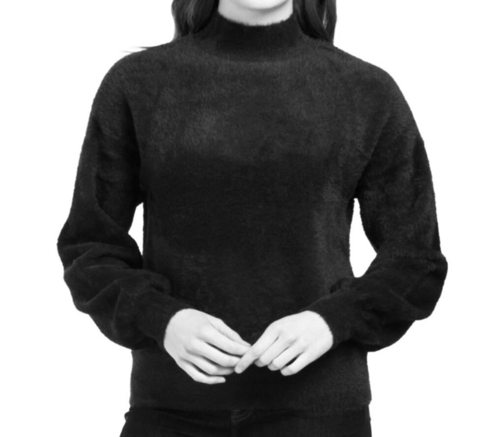 Cyrus Cozy Soft Sweater Black Mock Neck Minimalist Fuzzy Eyelash 90s Retro XL